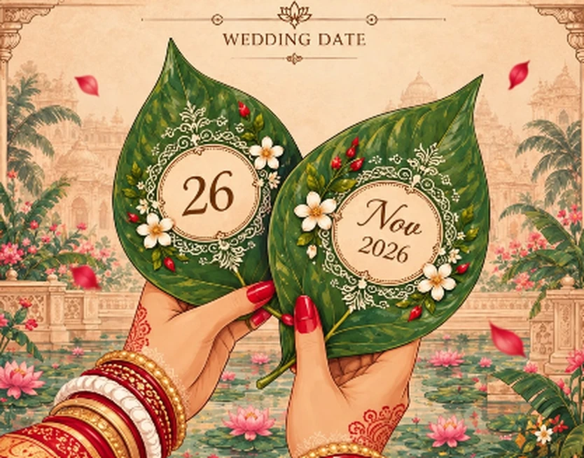 Two hands holding two betel leaves with the wedding date